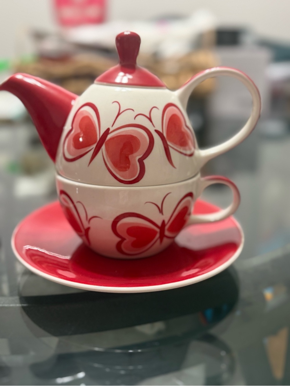 Red & White Butterfly Tea for One Set
